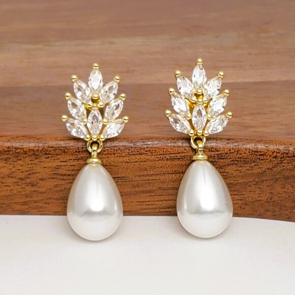 14K Gold Womens Hanging Drop 1ct Diamond Pearl Earrings New 14 K Silver Jewelry